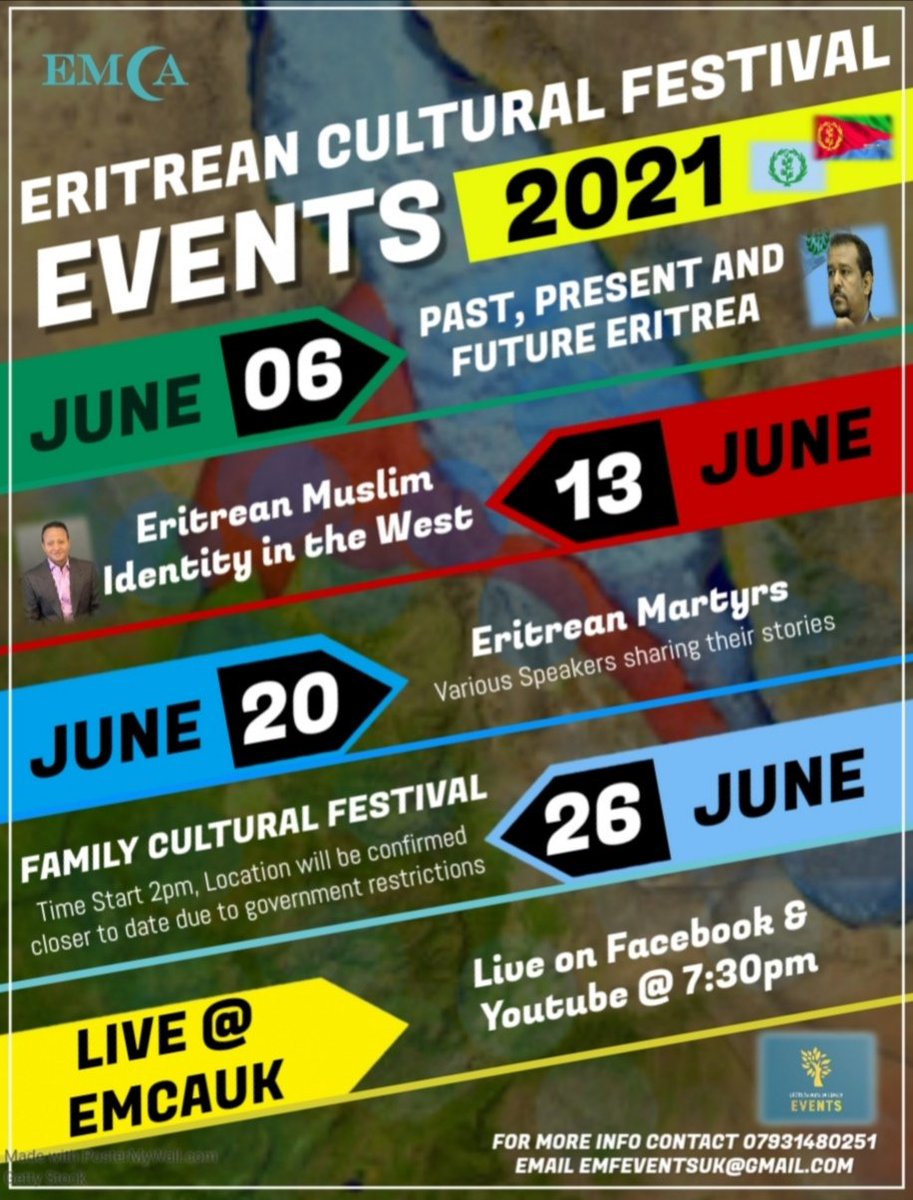 ✨Eritrean Cultural Festival Events 2021✨

Join us this month in discovering our country Eritrea and our identity. It's important we know who we are and where we are from so that generations to come don't lose their identity. 

See you soon in sha Allah

JazakAllah khairan