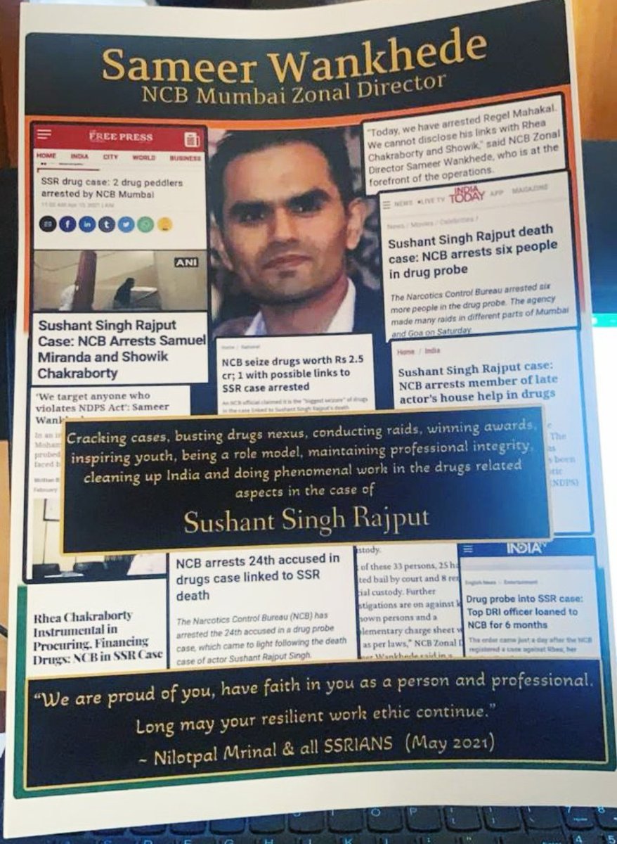 prankya's tweet photo. We are proud of you 🙏#SameerWankhede sir, have immense Faith in you as a person and professional. 

Thank you @nilotpalm3 sir for representing SSRians and conveying our Gratitude 🙏

👏SSRians Applaud NCB 👏

@narcoticsbureau https://t.co/kr6XubRiD5