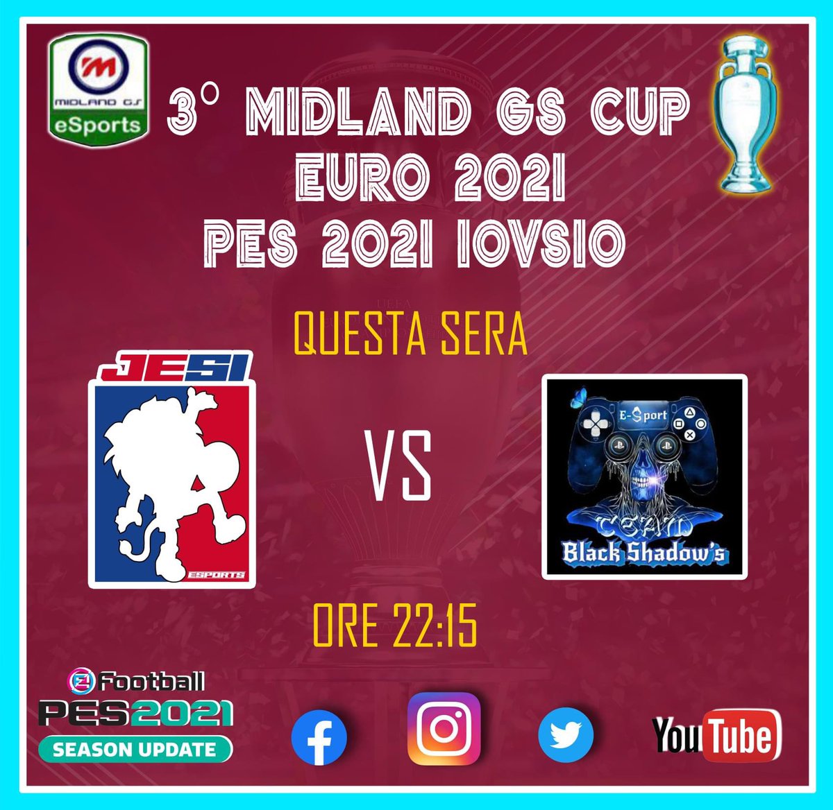 📆 MATCHDAY⚽️💪🦁

🏆MIDLAND GS CUP
🆚 BLACK SHADOW'S
🕥22:15 CET
🎥 Live on “Jesi Esports TV Channel”
youtube.com/channel/UCeJ98…

 #OfficialPES #playstation
#eSports #proclub #10vs10