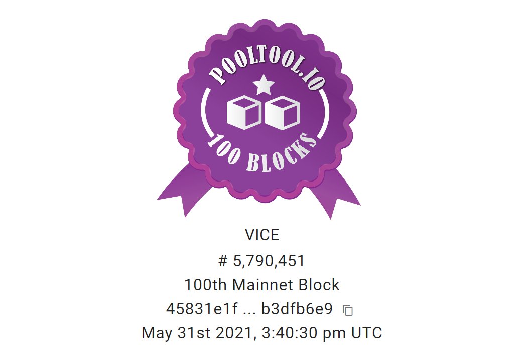vicestakepool's tweet photo. 💯🧱❗ Happy to be a part of the great community and the best blockchain ever! The next goal is another 100 in a month and 300+ mark by the end of the summer. Delegate to VICE if you are looking for a pool with a long-term commitment and skin in the game #goingfornumber1 #cardano https://t.co/5rTWMZxpLX