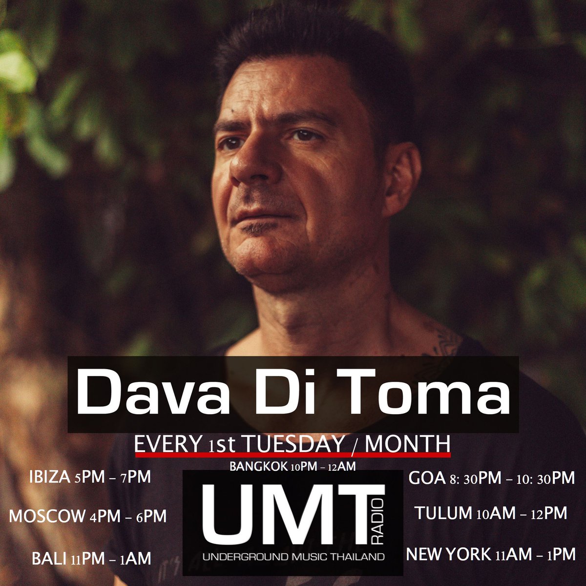 This Tuesday 01 June you can listening me on UMT Radio for an exclusive set from 10pm to 12am (Bangkok Time)!
Ibiza 5-7pm / Moscow 4-6pm / Bali 11-1am / Tulum 10-12pm / Goa 8:30-10:30pm / New York 11-1pm / Sydney 1-3am(Wed 02)
umt.radio
umt.radio/members/dava-d…