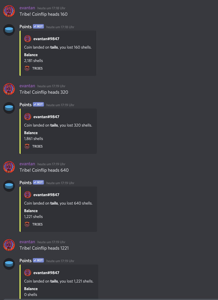 TribesNFT's tweet photo. The biggest degen of the TRI3ES history is @evantan 

He earned 2500 shells in a week and lost them in seconds to a few coinflip 🔥

At least, he made it into history books ❤️

#TRI3ES #degen https://t.co/14KOify2Nn