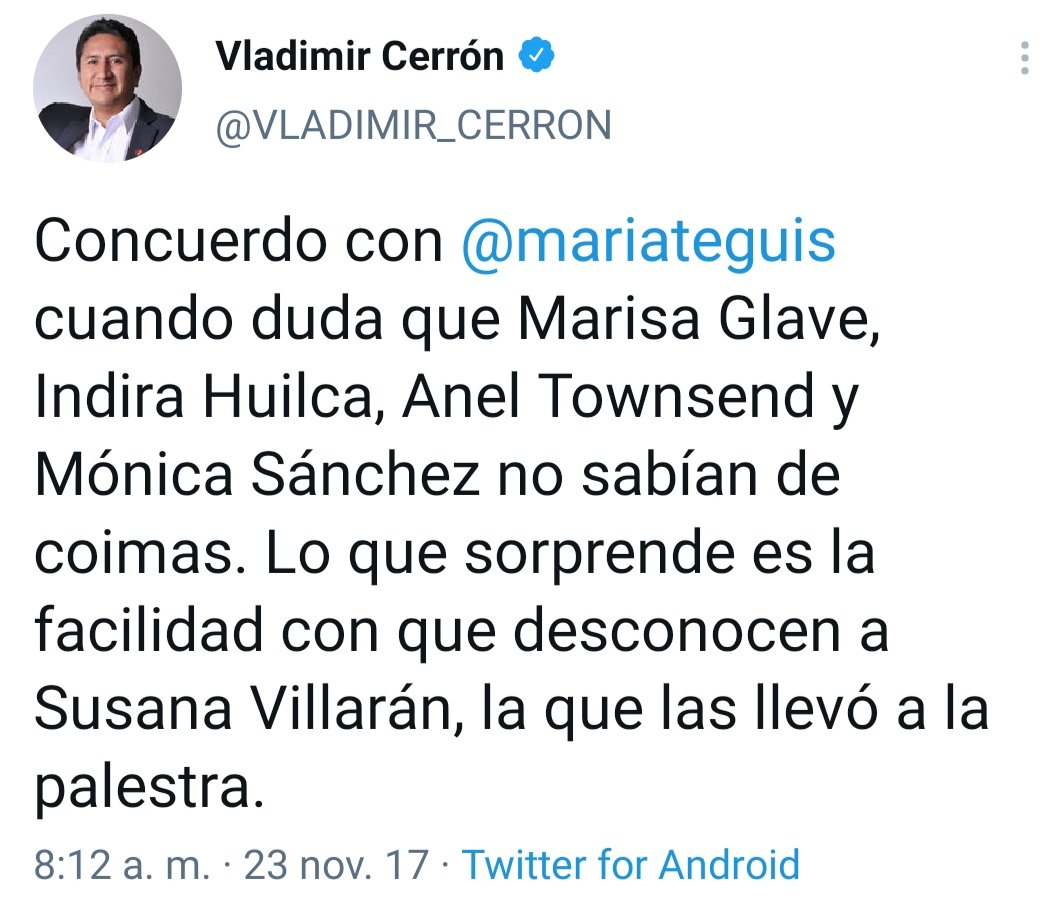 fkrklect's tweet photo. ¿Se acuerdan cuando hasta hace poco @VLADIMIR_CERRON insinuaba que las exregidoras villaranistas #Huilca y #Glave sabían de las coimas de su exjefa Susana?

Cómo se debe estar riendo ahora que le hacen campaña a su partido. https://t.co/tEC75qdxVM
