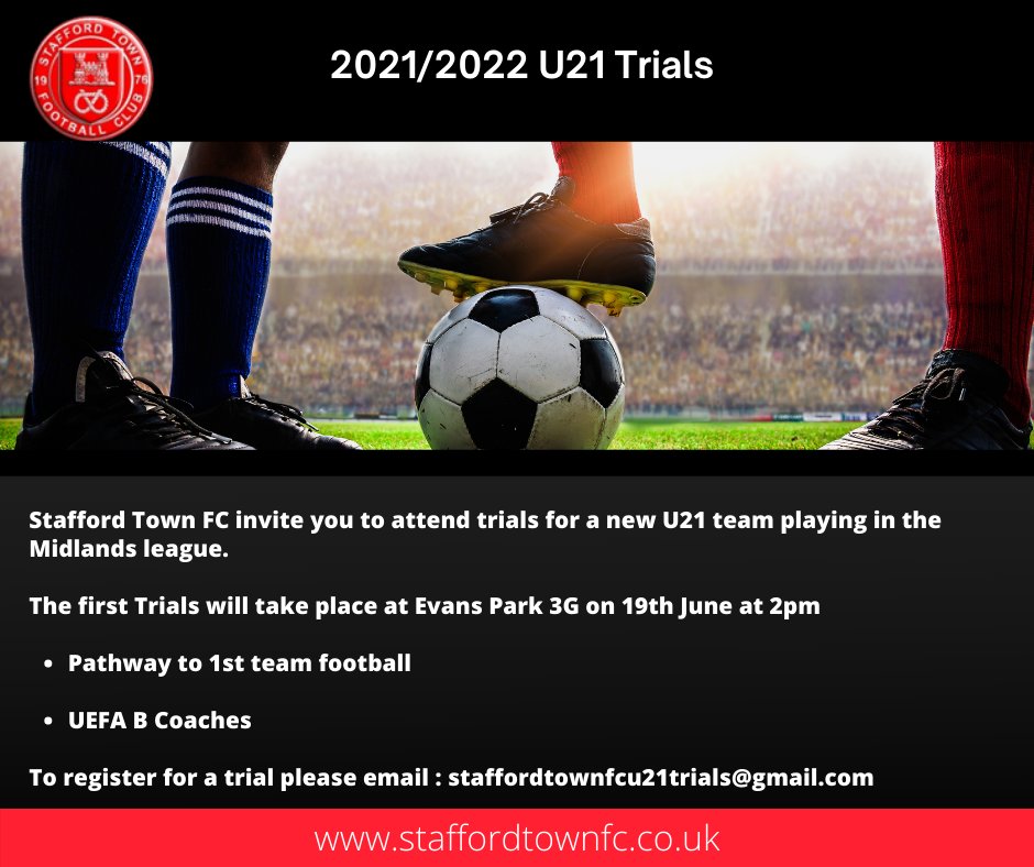 2021/2022 U21 Trials for  new team playing in the Midlands league.  If interested contact staffordtownfcu21trials@gmail.com

#STFC #Football #FootballSkills #FootballCoaching #Midlands