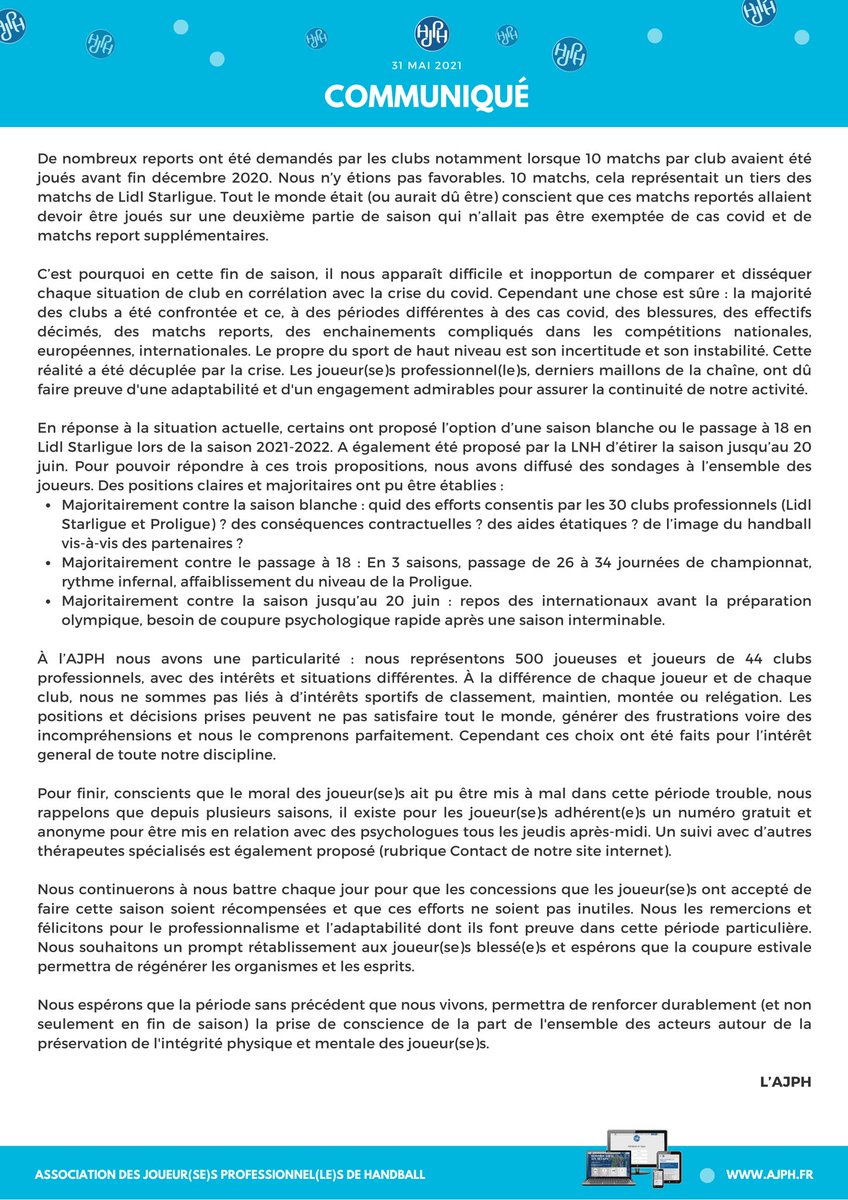 😶 Nous vivons une saison sans précédent où l'adaptabilité des joueur(se)s a été mise à rude épreuve. 
💬 Éclairages quant à la situation que traverse l'écosystème du handball professionnel et notamment les joueur(se)s.
📢 Communiqué 🔽
❌ajph.fr/communique-31-…