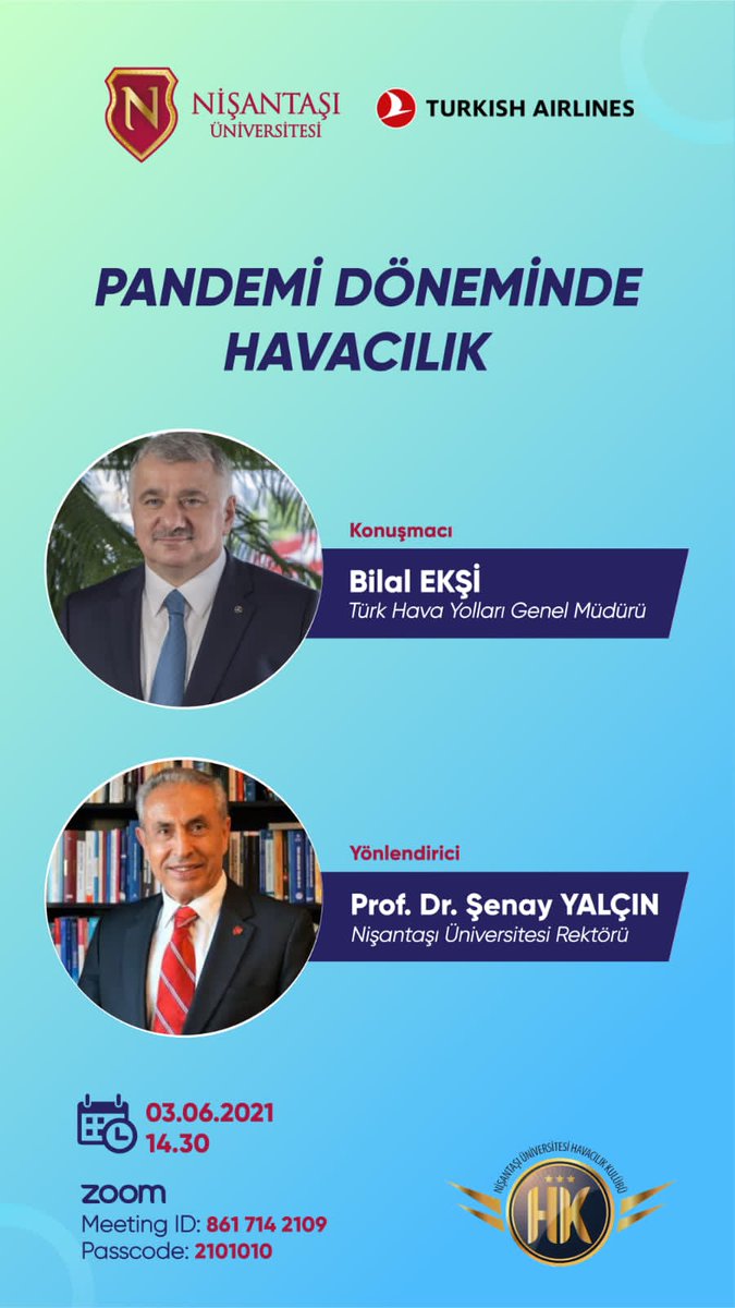 Merhaba arkadaşlar, 3 Haziran Çarşamba günü saat 14:30'da Sayın Türk Hava Yolları Genel Müdürü Bilal Ekşi ile "Pandemi Dönemi Havacılık" konulu etkinliğimize hepiniz davetlisiniz✈️😊