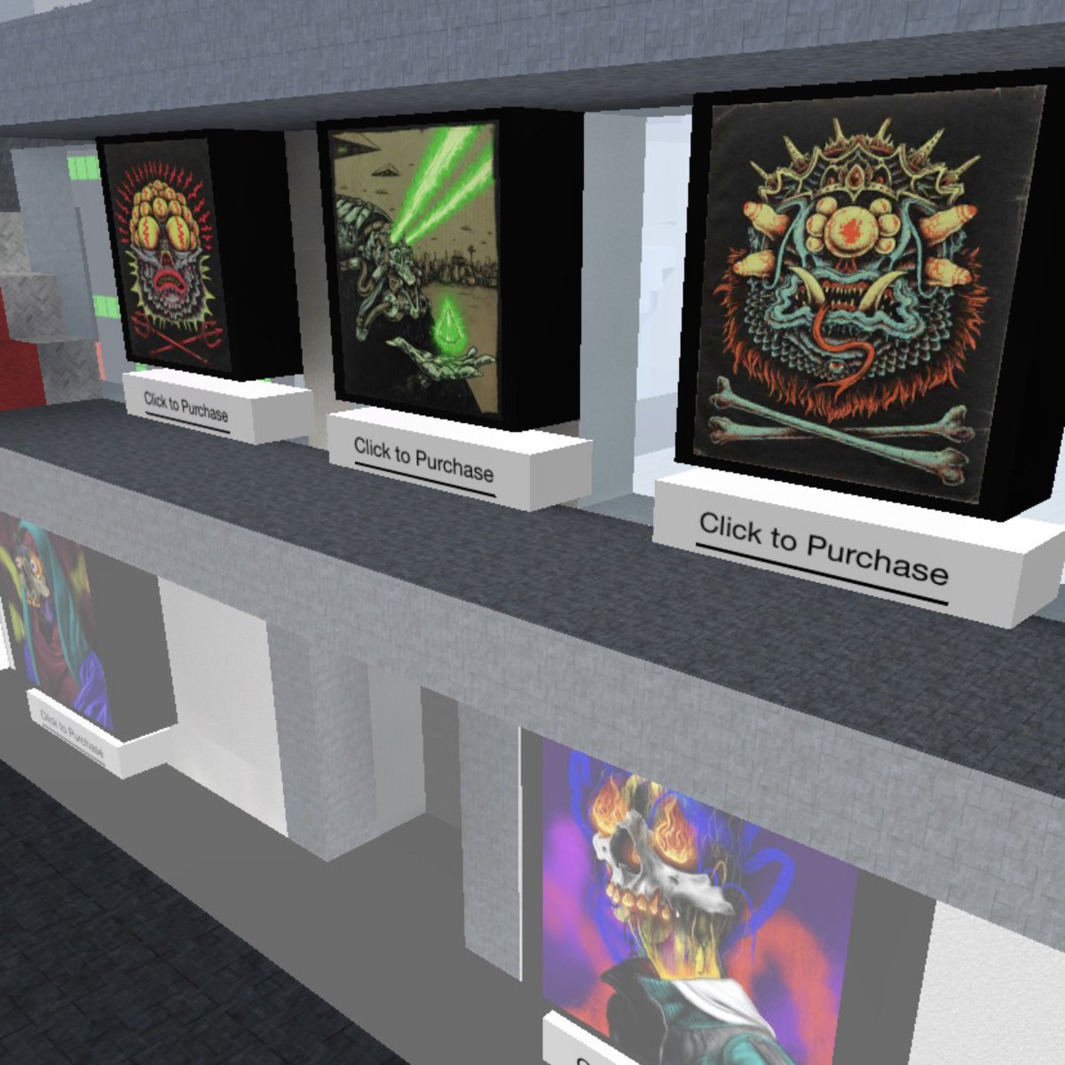 Thank you <a href="/lamps_love/">LoveLamps</a> for the stunning work you did on the <a href="/NotFungible/">Not Fungible</a> Art Gallery build. Here are some photos from the interior of the Strange Worlds Group Show - please visit and check out the art and the build.  cryptovoxels.com/parcels/717