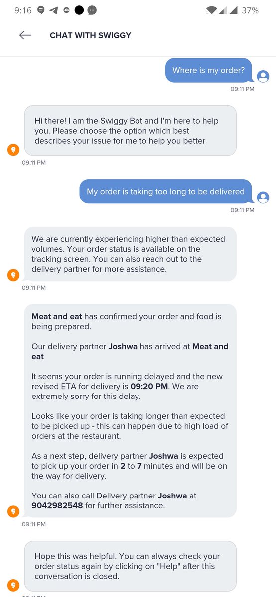 naradnerus's tweet photo. @swiggy_in  
It takes more than 80mins to travel 1.2km 🙄
Pathetically Bot is responding with a logic current time +9 mins but estimated delivery time is 2-7 mins,  9:11+ 7 = 9:18 no no according to these people 9:11 + 7 = 9:20 @SwiggyCares https://t.co/ALRUfDmfBJ