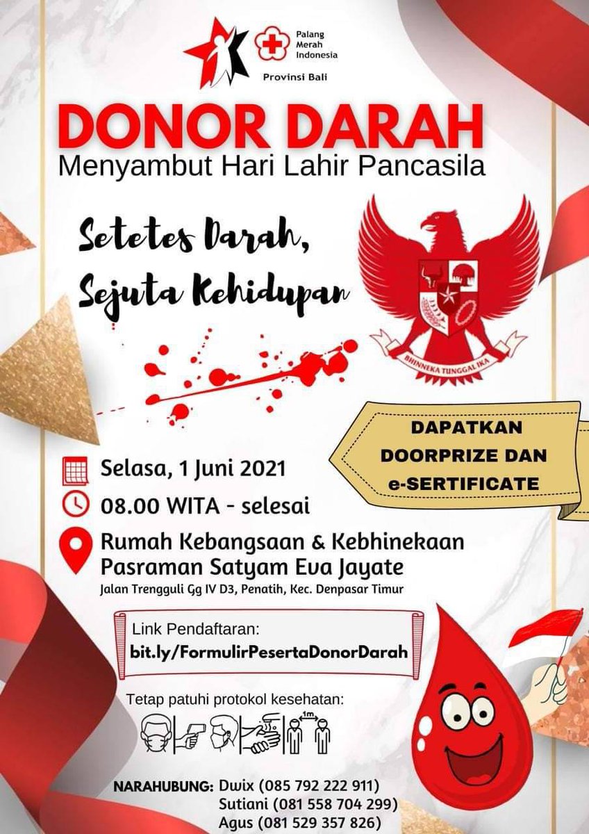 Blood4LifeID's tweet photo. #INFO #DonDar #DenpasarTimur | 1 Juni 2021 |08.00 - selesai |Rumah Kebangsaan dan Kebhinekaan Pasraman Satyam Eva Jayate, Gg. IV No. 3D, Penatih, Denpasar Timur | Pendaftaran https://t.co/YTB9lG23tV | cc @infobali @infobali123 @infodenpasar @denpasarupdate https://t.co/qfvWFTTZaD