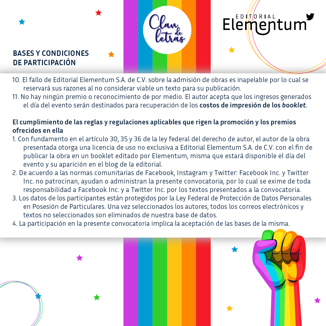 Edi_elementum's tweet photo. 🤓📚 Participa en el #ClanDeLetras edición junio, cuya temática es 𝗟𝗚𝗧𝗕+.

👉 Recuerda que los textos formarán parte de una booklet editada por la Elementum. 🧑‍💻

📘 *Consulta las bases https://t.co/9yxOi8wrBk