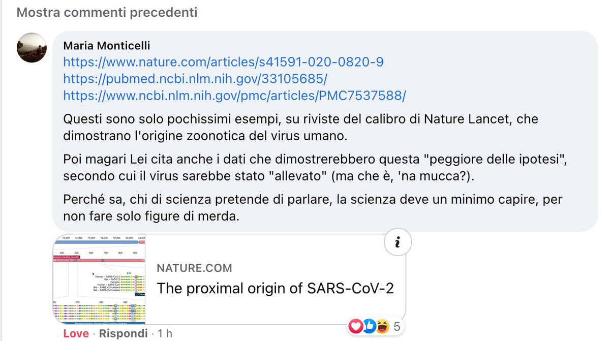 MariaMonticel's tweet photo. Sono stata bloccata su Facebook da @frondolino per aver provato a divulgare articoli scientifici che dimostrano che #SARS_CoV_2 non è scappato da laboratori cinesi. E si fanno chiamare giornalisti, che vergogna!!! https://t.co/8pKtKrDTHR