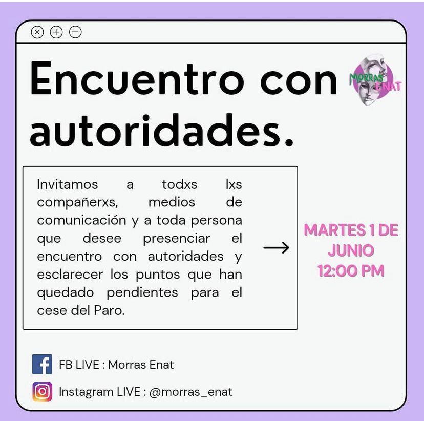 OnceNoticiasTV's tweet photo. 🟣 #AlMomento | Después de más de 1 mes de #ParoActivo, de presentar un pliego petitorio contra el acoso y violencia en @ENATOFICIAL, la renuncia de la directora y 118 denuncias, alumnas de @morras_enat convocan a un encuentro con autoridades el 01/06 a las 12:00 h.
#OnceNoticias https://t.co/fbF3j6KRt4