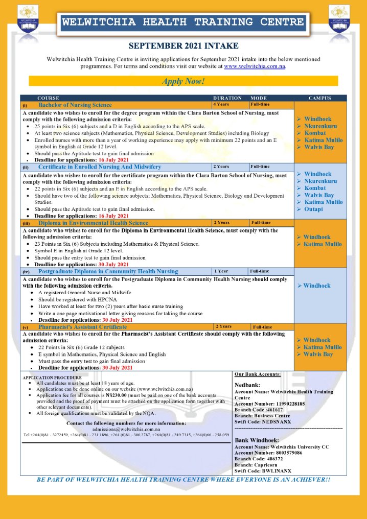 WUNamibia's tweet photo. September 2021 Intake
Applications will be open on the 1st of June 2021. All applications should be completed on our Website https://t.co/W7pcipOcJH
Be part of WHTC Where Everyone Is An Achiever
#Windhoek #Nkurenkuru #Kombat #WalvisBay #Outapi #KatimaMulilo https://t.co/7hJlFR6N02