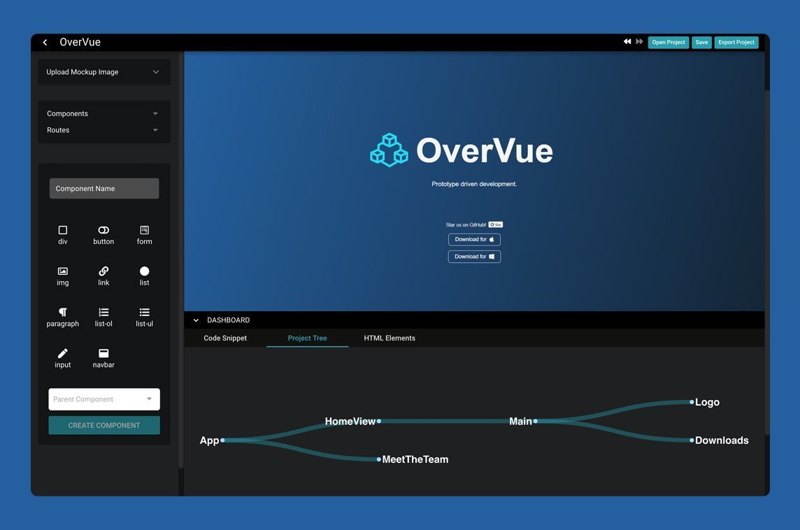 MadeWithVueJS's tweet photo. The OverVue desktop app lets you visually prototype and architect your Vue application &amp; export your boilerplate code afterwards 📦️ It's #madewithvuejs &amp; Electron! - https://t.co/mnRdLlKtYn https://t.co/O1NF5vVNG4