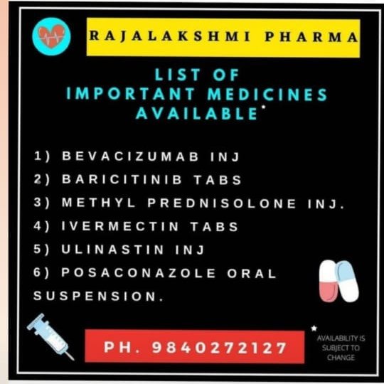 Tabomics1's tweet photo. Medicines Pan Tamil Nadu :
LIST OF IMPORTANT MEDICINES AVAILABLE 

@ RAJALAKSHMI PHARMA 

1) BEVACIZUMAB INJ.
2) BARICITINIB TABS 
3) METHYL PREDNISOLONE INJ. 
4) IVERMECTIN  
5) ULINASTIN INJ 
6) POSACONAZOLE ORAL SUSPENSION
#TamilNadu #chennaicovidhelp #Covid19IndiaHelp https://t.co/vZuTX2PA8i