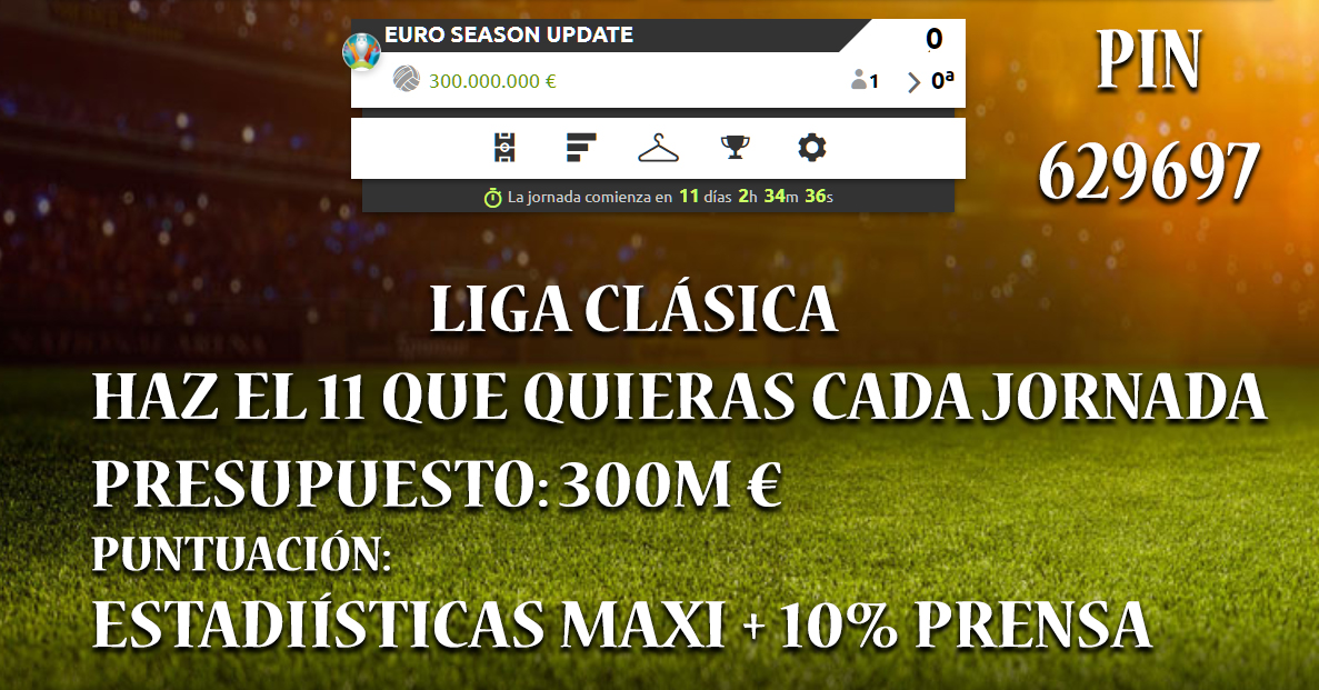 Abierto el campeonato de <a href="/futmondo/">futmondo</a> #Euro2020!

Nombre: EURO SEASON UPDATE
PIN: 629697

Liga Clásica.
Presupuesto: 300M €
Puntuación: Estadísticas Maxi + 10% prensa.

Como siempre, estáis todos invitados a participar!
