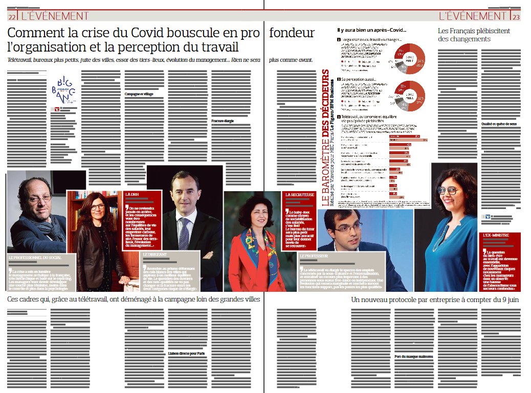 marclandre's tweet photo. Très fier de cette belle et complète double-page demain, sur les métamorphoses du travail post #COVID19, réalisée avec @corinnecaillaud pour le lancement de la 1ère journée du #BigBangEntreprises de @Le_Figaro consacrée au... big bang du travail. A lire et forwarder. https://t.co/pj8SKyxfVe