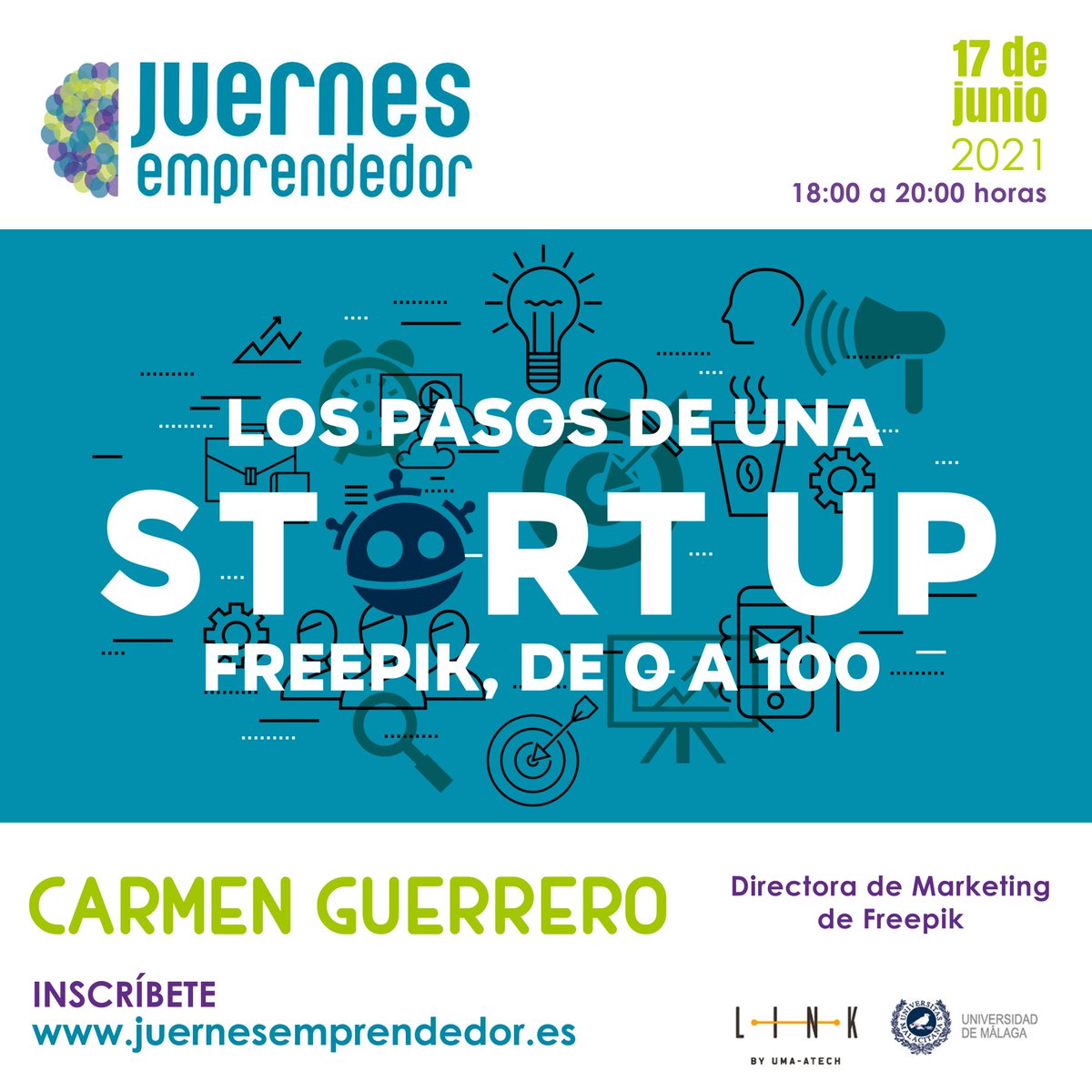 Carmen Guerrero, Directora del área de Marketing de @FreepikCompany será la encargada de impartir la siguiente ponencia 👏🏼 Compartirá con nosotros su experiencia el 17 de junio a las 18h vía Zoom. ¡No te lo pierdas! Inscríbete: juernesemprendedor.es/carmen-guerrer…