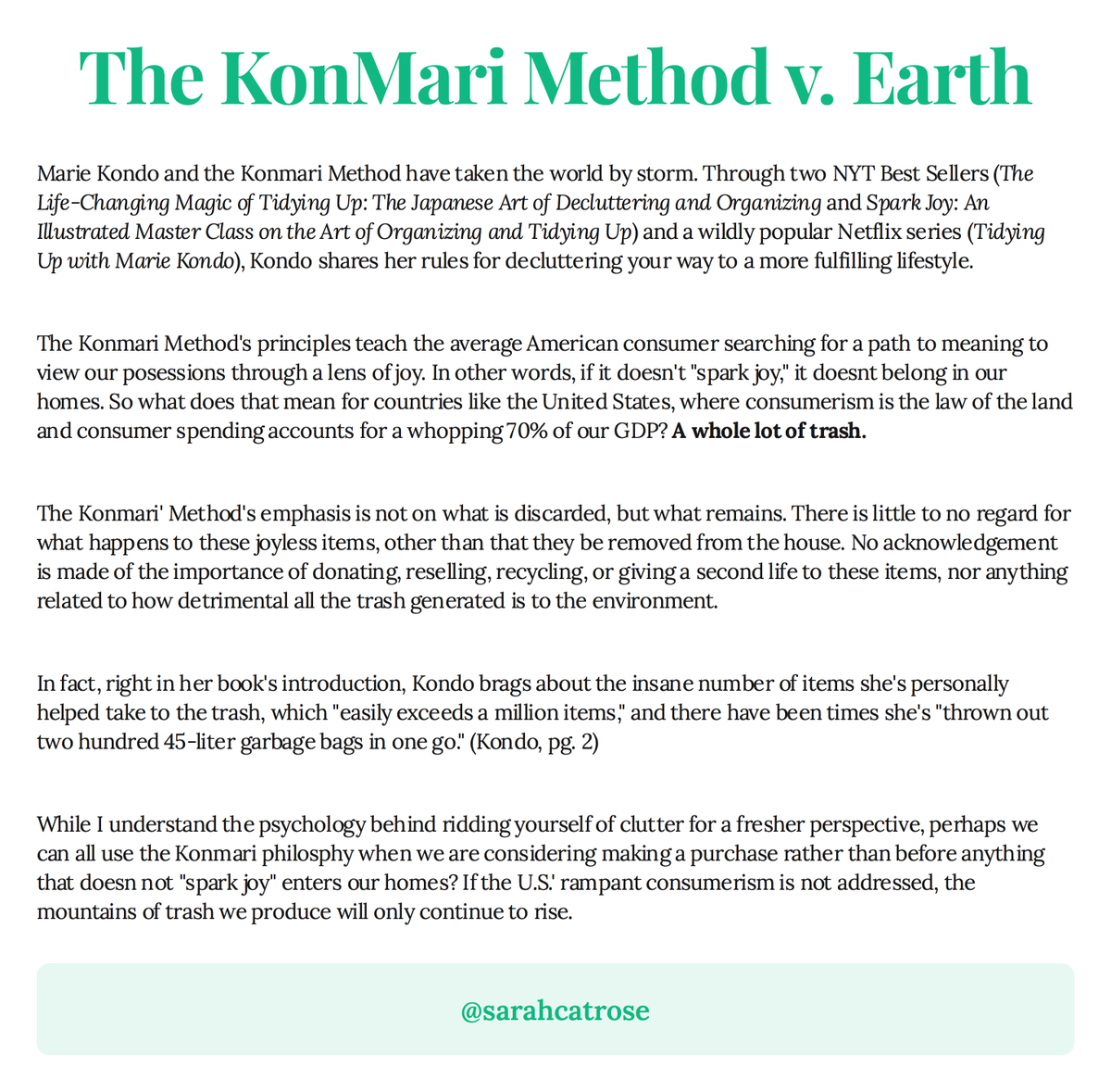 SarahCatRose's tweet photo. #ship30for30 Day 17: The Konmari Method v. Earth 🌎

If is no room for sustainability in decluttering, then there should be no room in your home for items that don't spark joy. ✨ https://t.co/upZcr86K2l