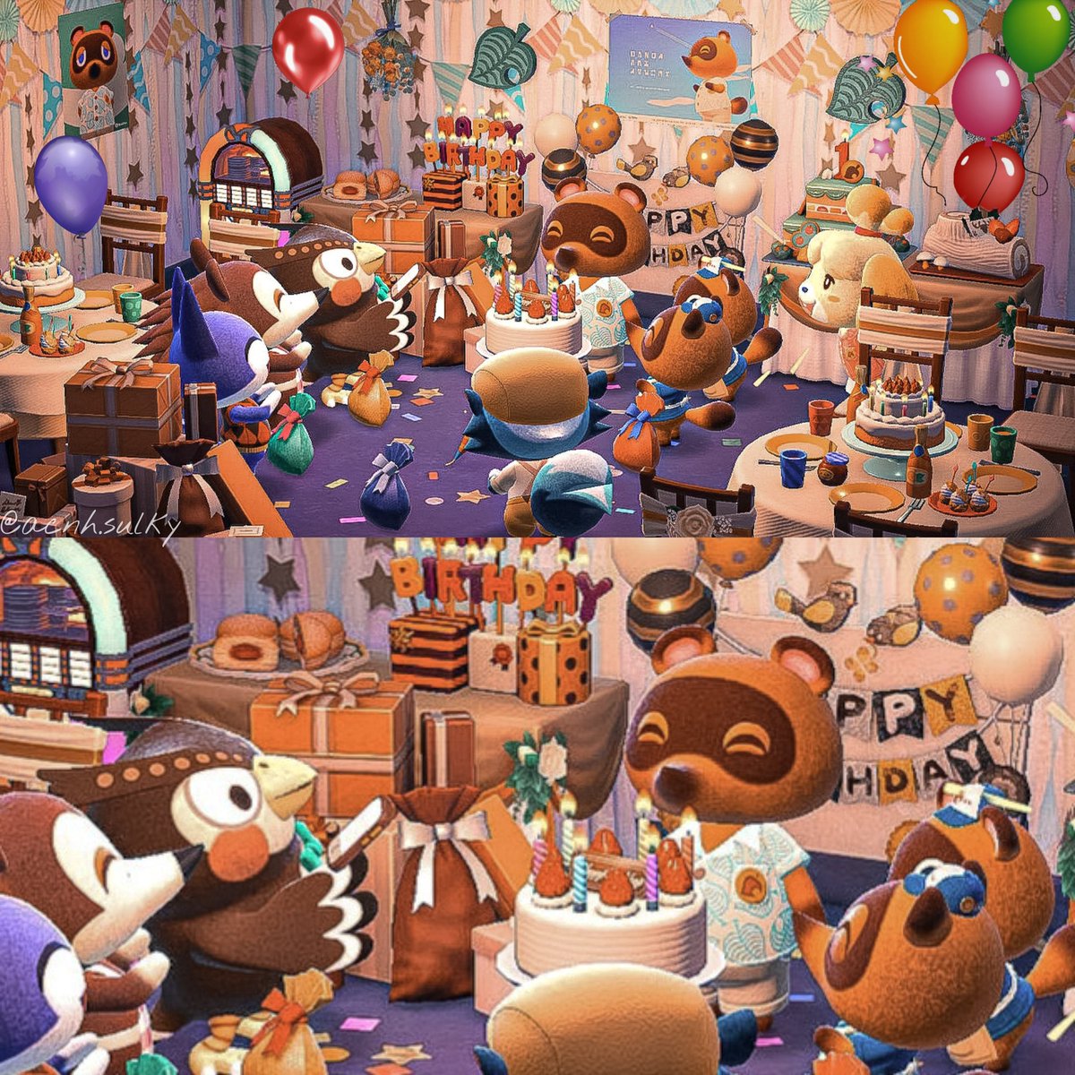 acnhsulky's tweet photo. It was Mr Nook's birthday yesterday and he was sat working away at his desk like any other day! 🥺 So some of his friends threw him a suprise birthday party in the evening 🎁🎈🎉

🌻🍄🪵

#AnimalCrossingNewHorizons #AnimalCrossing #Nintendo #NintendoSwich #ACNHDesign  #ACNH https://t.co/2XYUB9Vh13