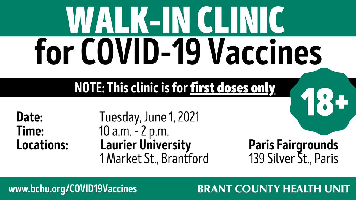 GrandEriePH's tweet photo. BCHU will be hosting a walk-in clinic tomorrow (June 1, 2021) from 10 a.m. to 2 p.m. at both our Laurier University and Paris Fairgrounds clinic locations. No appointment necessary. IMPORTANT: These clinics are for those aged 18+ and first doses only. (1/2) https://t.co/WYUetWuFKD