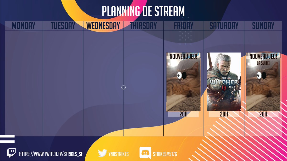 Instant✨Planning✨

🤫Un nouveau jeu arrive Vendredi, et une deuxième session aura lieu Dimanche!
⚔️Suite de nos aventures habituelles à Skellige en Ouicheur Samedi!

Des bisous ♥
twitch.tv/strikes_sf