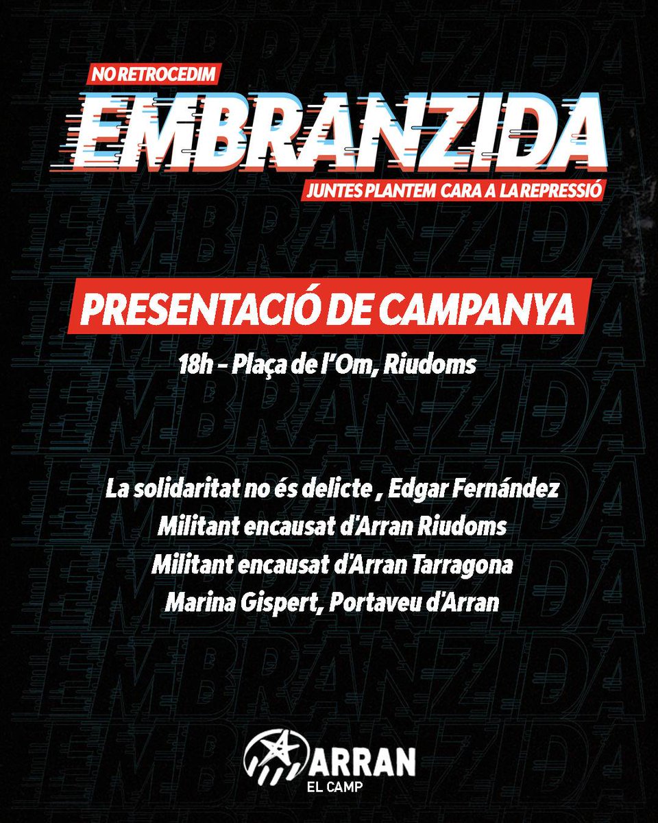 🔴PLANTEM CARA A LA REPRESSIÓ!🔴
Presentació de la campanya antirrepresesiva

🕕Dissabte 5 de juny a les 18:00h
📍Plaça de l'Om, Riudoms
