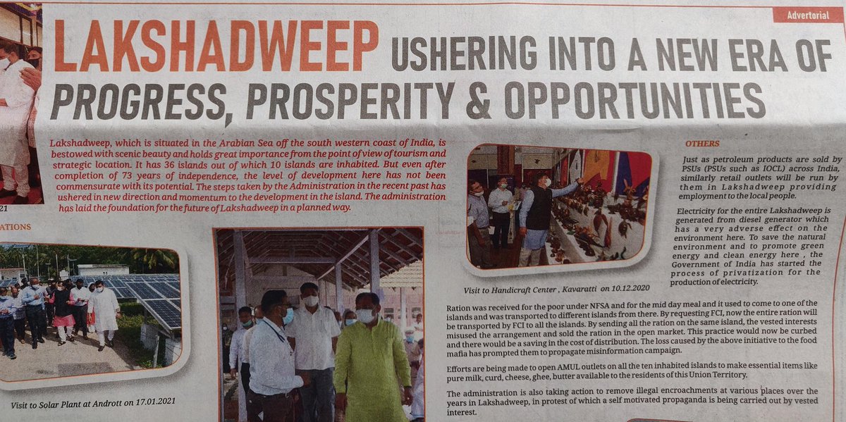 Avir_Ra1's tweet photo. Prosperous Lakshadweep - @TOIIndiaNews 28th May.

Top right: ADVERTORIAL.

This is an ad.🤷🏻‍♂️😤

#BJPRuinsLakshadweep https://t.co/1HtcyM9g8u