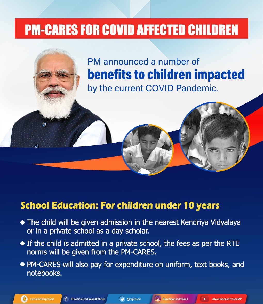 rsprasad's tweet photo. PM @narendramodi announced free education to the children who lost their parents due to this pandemic with PM CARES for Covid affected children. 
This support will develop such children as strong individuals with bright future. https://t.co/YA5UClU9Cw