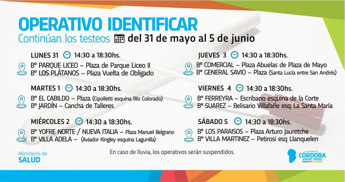 TomRamalloOk's tweet photo. El gobierno de Córdoba sigue cerca de sus vecinos🏘️, acá la info de dónde y cuando se realizarán operativos de testeos. En nuestra querida Seccional 11, será en el barrio de Villa Martinez el próximo sábado.
#EntreTodos le vamos a ganar a la pandemia💪🏻 https://t.co/vxRRz48HOW