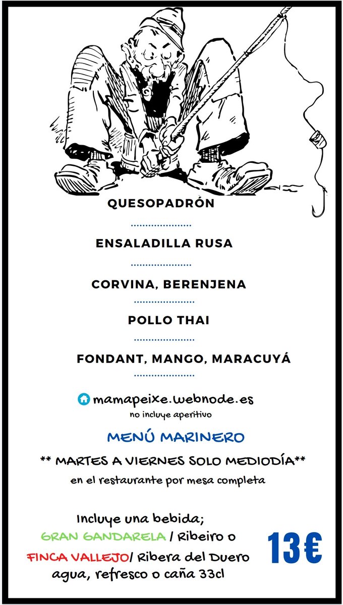 mamapeixe's tweet photo. #menumarinero de MARTES a VIERNES al mediodía.
 Con dos turnos de comida.
1° 13:30 a 14:55
2° 15:00 a cierre.
Los turnos son muy importantes para poder daros un buen servicio, por favor ser respetuos@s con los demás para no tener demoras. Reserva o envia un WhatsApp al 981070526. https://t.co/NHraIYc2BQ