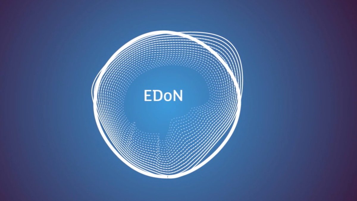 Blue background with the letters EDoN inside a white a circle.