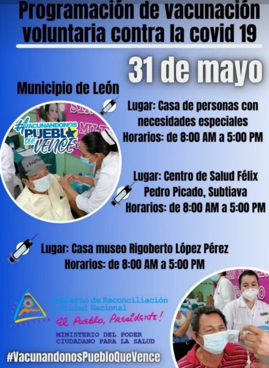 Nuestro buen Gobierno Sandinista a través del MINSA realiza Jornada de vacunación voluntaria ante la COVID-19 en el municipio de León y la paz centro,  a personas mayores de 55 años con enfermedad crónica.
#LeonRevolucion
#Nicaragua
#PlanVacunacionMasiva
#LaPazEsElCaminoDaniel