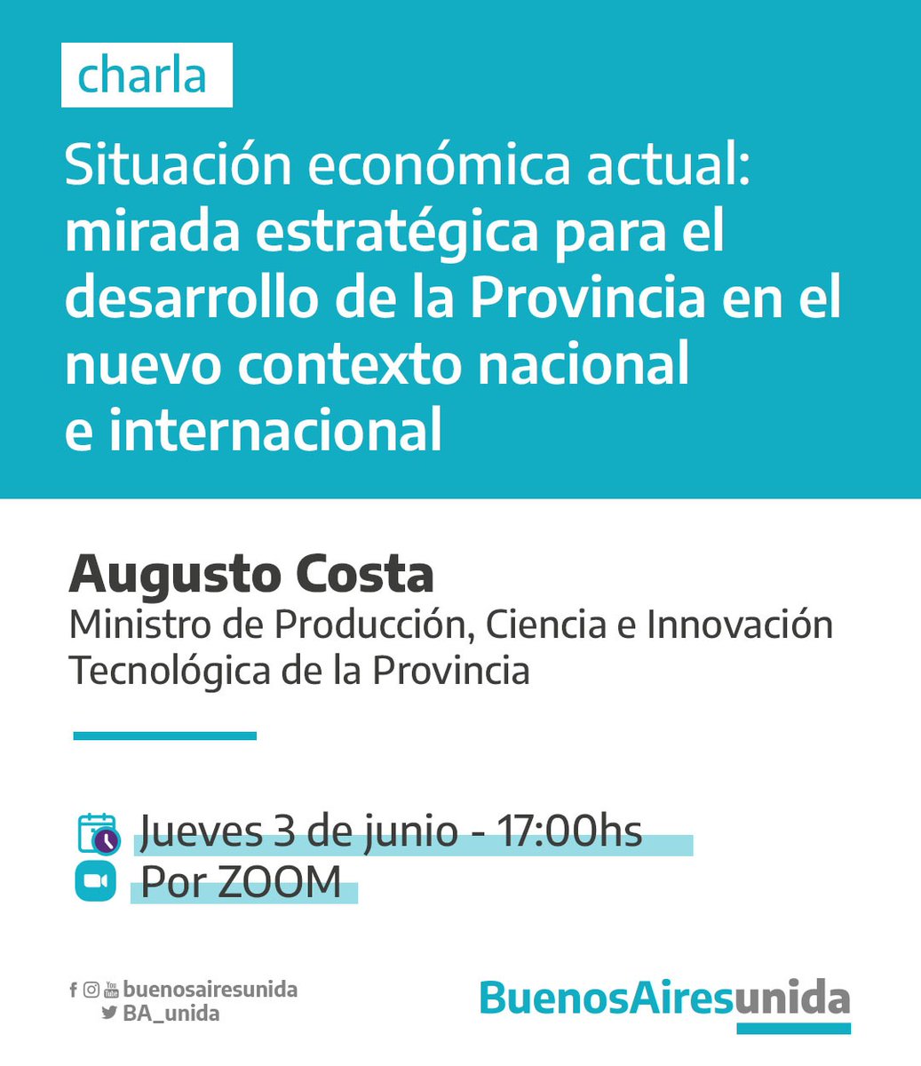 BA_unida's tweet photo. 📢 Este jueves conversamos con @CostaAugusto9 sobre el desafío de reconstruir la economía de la Provincia desde una mirada estratégica con las dificultades de este momento histórico.

🗓️ Jueves 03 de junio
⏰ 17:00hs
💻 Por ZOOM

Pedí acceso por MD. https://t.co/oBRYd6otxP