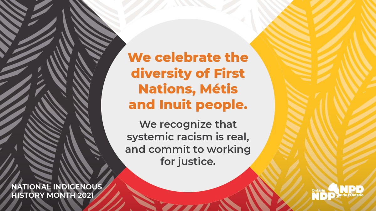 AndreaHorwath's tweet photo. In #IndigenousHistoryMonth, we celebrate the history &amp; heritage of First Nations, Inuit &amp; Métis peoples – &amp; recognize trauma &amp; structural racism they still face.

We mourn #215children lost at a Kamloops residential school &amp; we call for action from the Ontario gov't. #ONpoli 1/2 https://t.co/YpZLdTWG5s