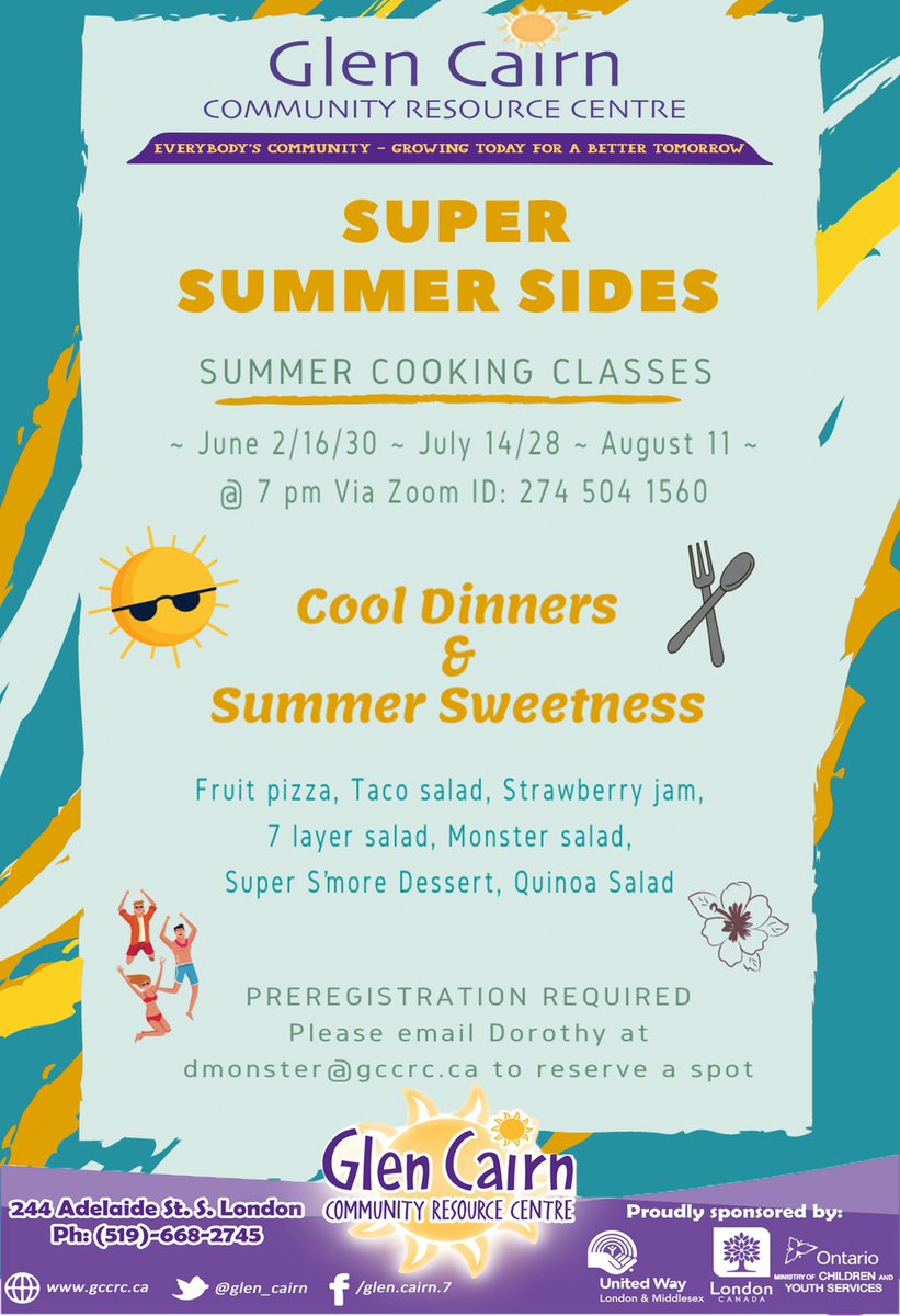Join us every other Wednesday @ 7pm for our Super Summer Sides cooking classes starting this Wednesday!!

Preregistration required, please email Dorothy at dmonster@gccrc.ca 🌞
