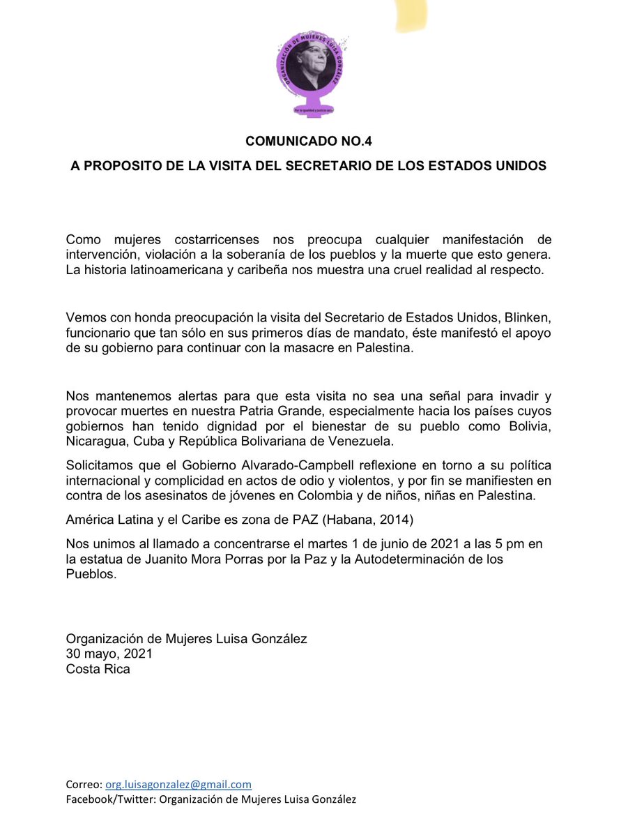 VocespopCR's tweet photo. La Organización de Mujeres Luisa González se manifiesta con respecto a la visita del Secretario de EEUU ‼️ https://t.co/48y6U13S8O