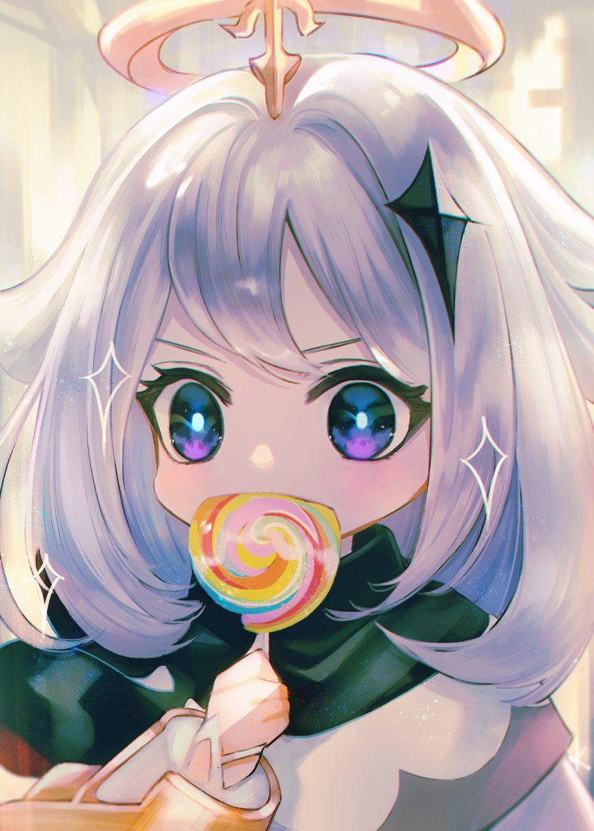 paimon (genshin impact) 1girl halo food candy lollipop white hair blue eyes  illustration images