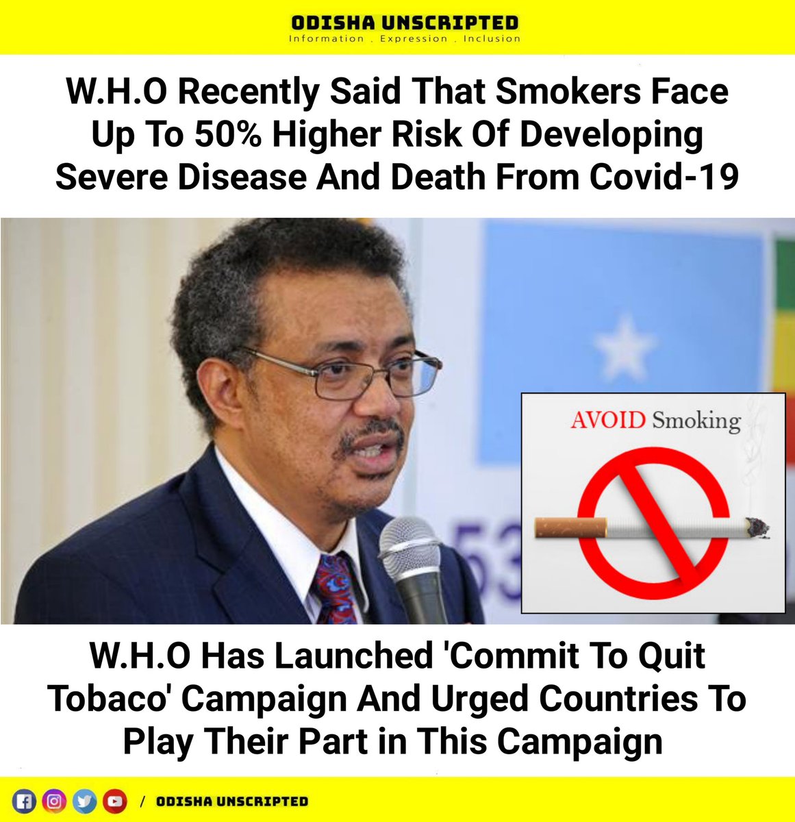 odisha_unscript's tweet photo. Quit Smoking 🚬 🚫
#odishaunscripted 
#WHO 
#smoking 
#Covid19India https://t.co/niUxeX7M1h