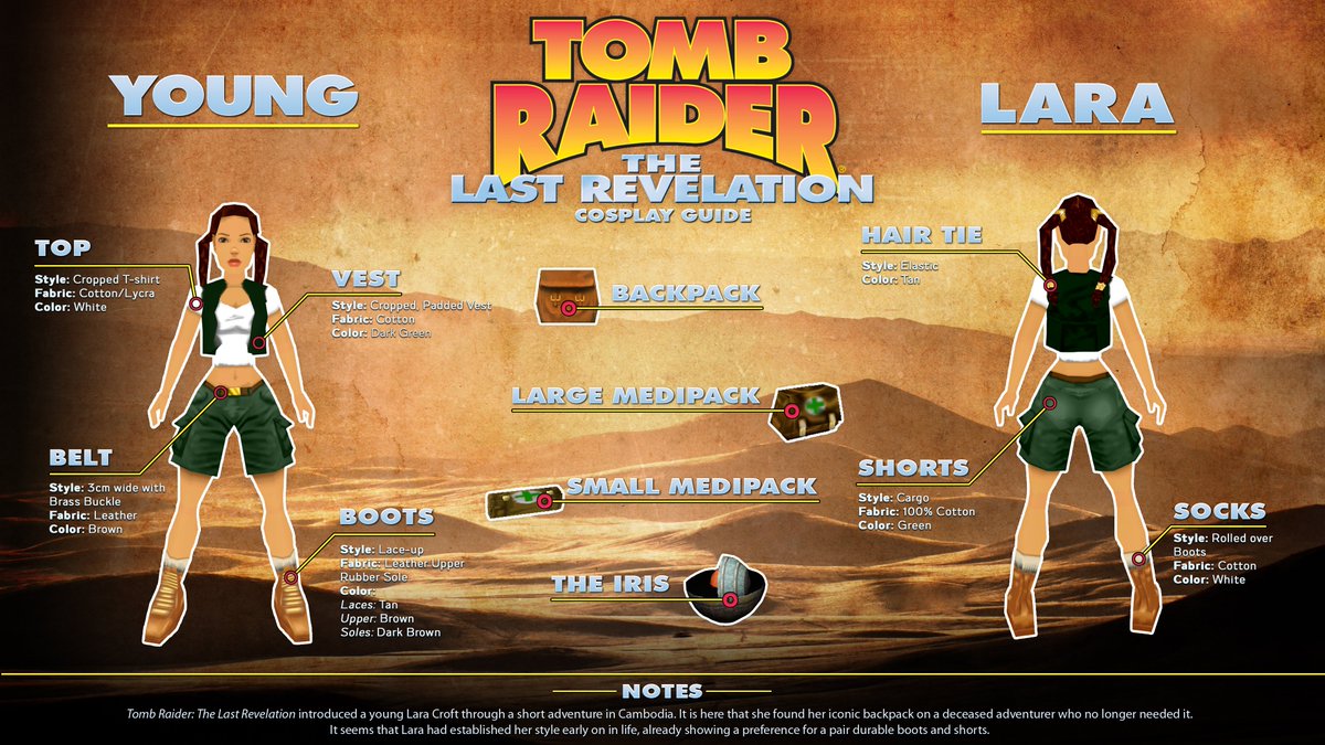 A cosplay guide featuring young Lara Croft's outfit, as seen in Tomb Raider: The Last Revelation. 