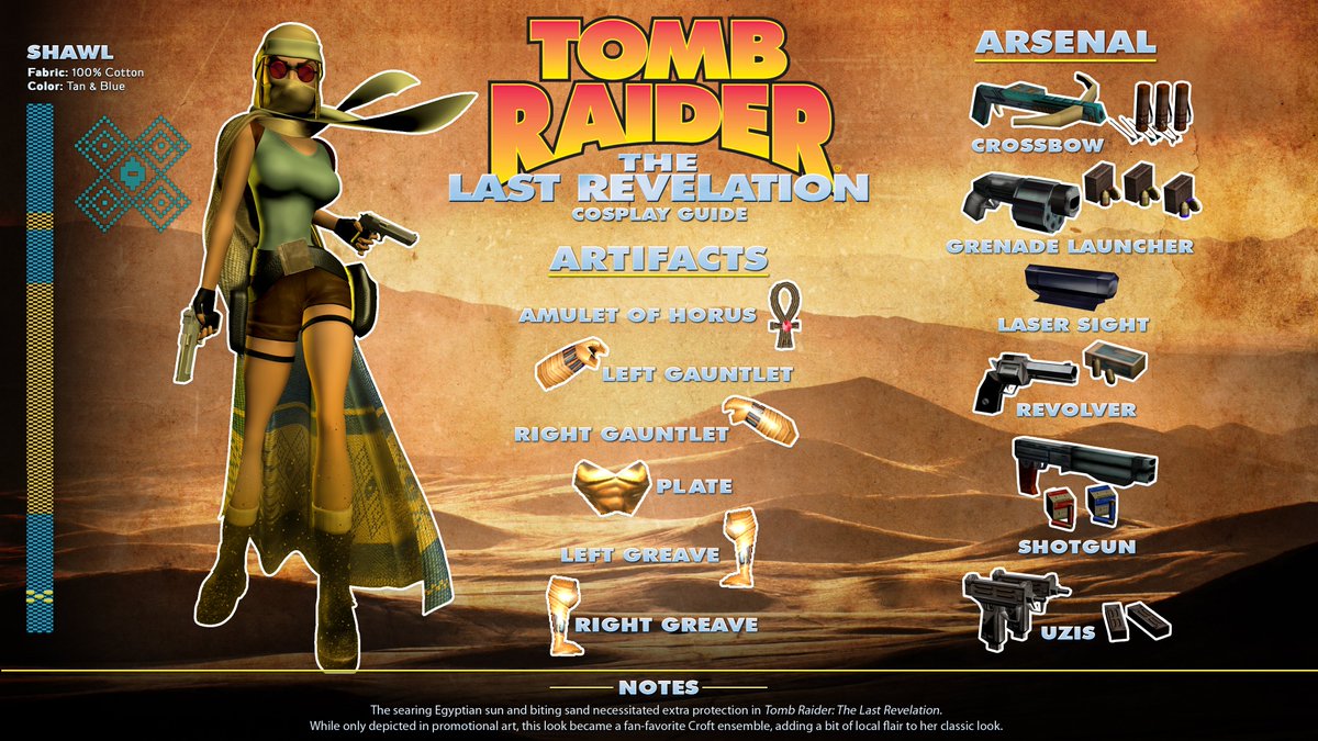 A cosplay guide featuring a fan-favorite outfit of Lara Croft in a shawl in the Egyptian desert, as seen in Tomb Raider: The Last Revelation. 