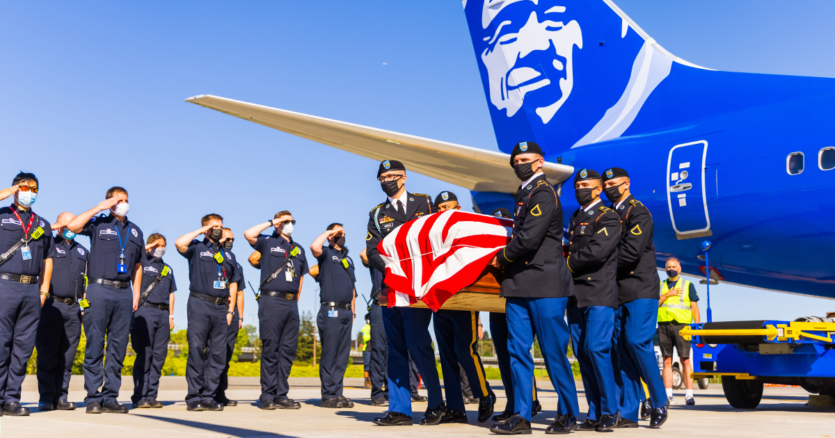 AlaskaAir's tweet photo. Today, we thank &amp; honor those who have sacrificed everything for our country—including Alfred Turgeon, who was killed in action during WWII &amp; identified 78 years later. We had the honor of bringing him home to his final resting place. #MemorialDay https://t.co/HgZbNI2rOb https://t.co/04n1g7Fe8e