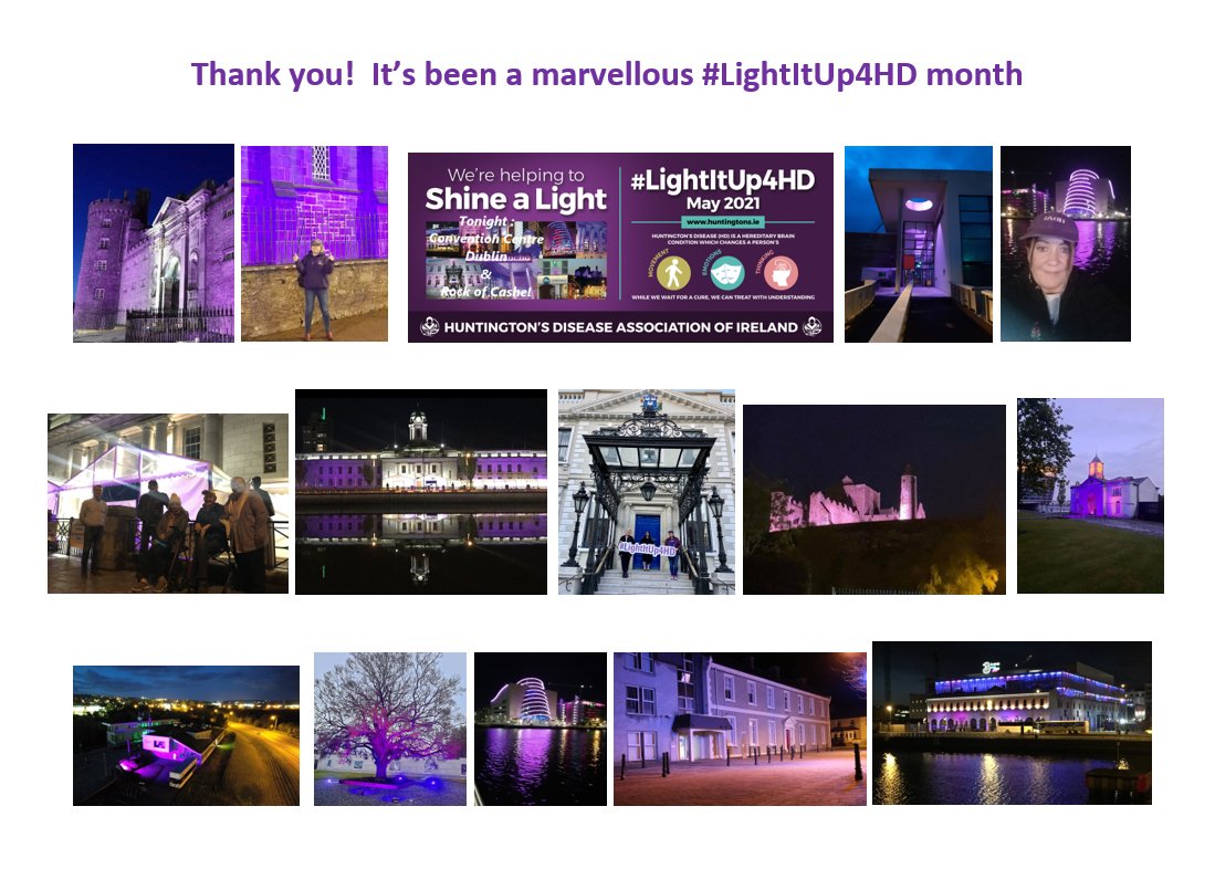 Thank you! It's been a marvellous #HDAwarenessMonth. From #Cork to #Donegal with #RockofCashel and many more sights and supporters @LordMayorDublin in between we've loved all our #LightItUp4HD support. #2021LightItUp4hd