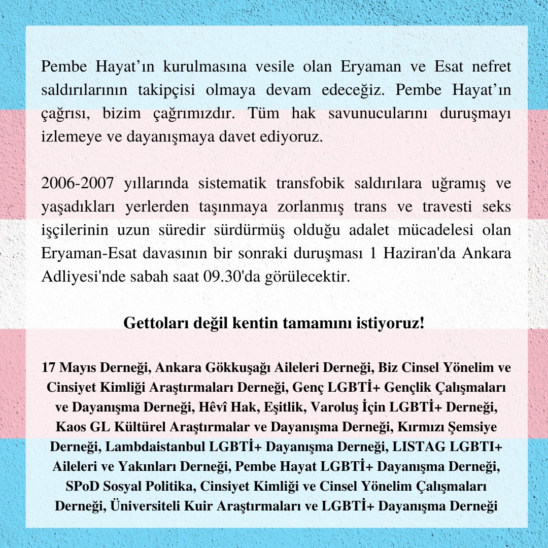 Çetelere ve erkek egemen düzenin öldüren normlarına karşı verilen bu mücadelede herkesi yarın (1 Haziran) 09:30’da Ankara Adliye’sine Eryaman-Esat davasını desteklemeye davet ediyoruz. #ZamanaBırakmıyoruz