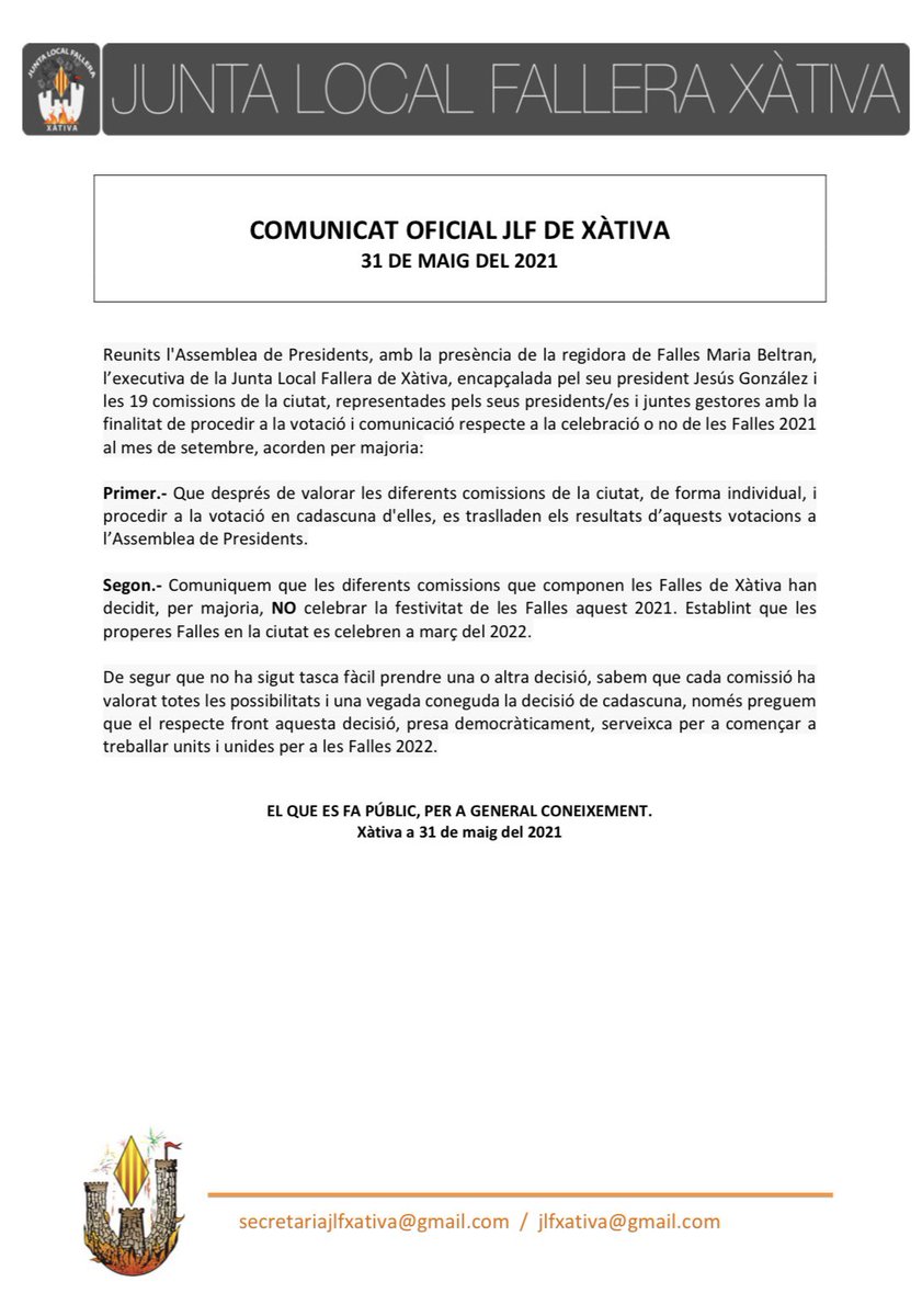 JLFXATIVA's tweet photo. 🔥Comunicat Oficial de la Junta Local Fallera de Xàtiva a 31 de maig del 2021

#FallesXàtiva https://t.co/eiVTMA7Xpm
