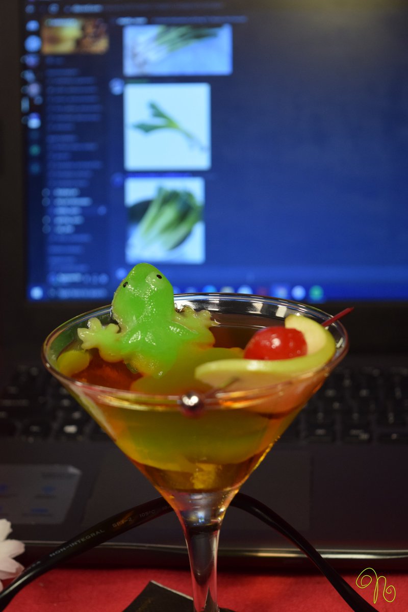 GravewriterN's tweet photo. "I need a drink, these damn kids are putting leeks in the server again" is probably what @NewtWorks says each time we do this to him, at least he is already chillin in his drink. #newtworks #lackadaisy #lackadaisycats #lackadaisyfilm #lackadrinks #speakeasy #bootleggin #lackacord https://t.co/HEGetPMT1R