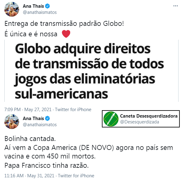 Desesquerdizada's tweet photo. Olá, @anathaismatos! O problema é a Copa América ser no Brasil ou ela ser transmitida pelo concorrente SBT? Eliminatórias na Globo - onde você trabalha - tudo bem, merece até comemoração? Campeonato Brasileiro na Globo com trocentos jogos por semana tranquilo também, né? https://t.co/sDwD4OwL06