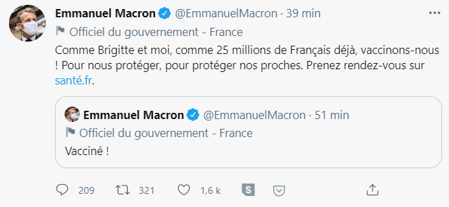 afpfr's tweet photo. Emmanuel Macron, qui avait contracté le Covid-19 en décembre, a annoncé lundi soir que lui et son épouse Brigitte se sont fait vacciner #AFP https://t.co/OMZtvE2ckv