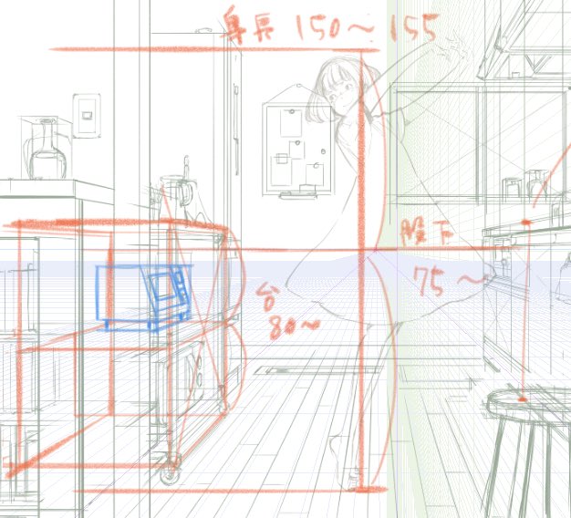 @logigama 参考になるかどうか、ラフからプロセスをふり返ってみました。最終的にはやっぱり箱から削り出してゆく感じですね。
「パース」と「パースによる見え方」「大きさ」さえ間違っていなければ、形状はシンプルで、線数も少なくて大丈夫だと思います^^
自分は漫画の背景で勉強しましたね……。 