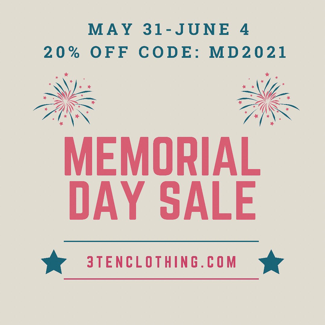 3TenClothing's tweet photo. #MemorialDay sale today through Friday. Use promo code MD2021 and save 20% at https://t.co/tI3ylpW0Ff https://t.co/VNQ5Ns9ZR3